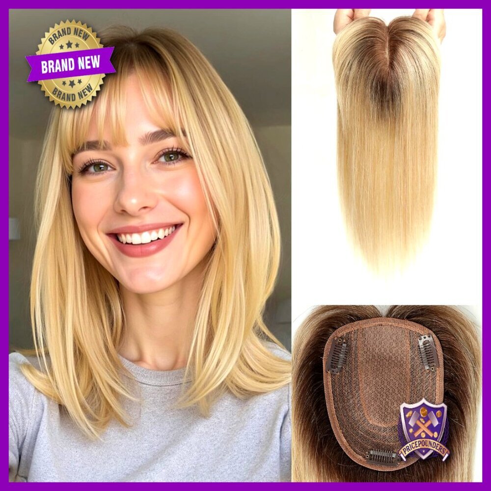 Real Human Hair Topper with Bangs Large Base Silk Base Natural Scalp Appearance